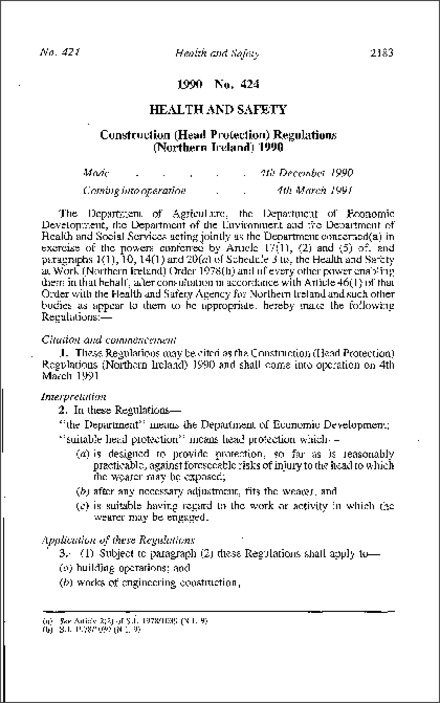 The Construction (Head Protection) Regulations (Northern Ireland) 1990