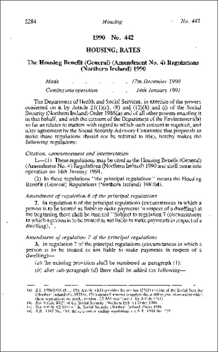 The Housing Benefit (General) (Amendment No. 4) Regulations (Northern Ireland) 1990