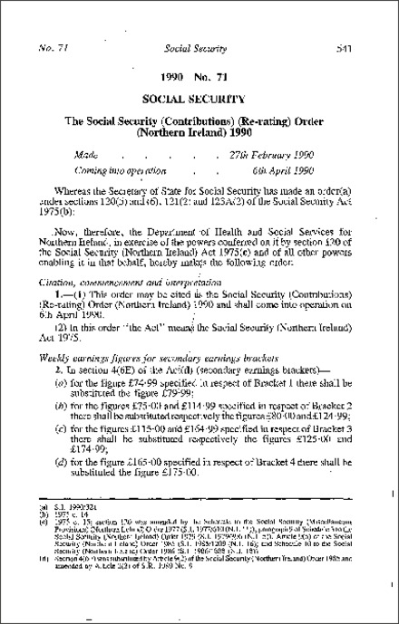 The Social Security (Contributions) (Re-rating) Order (Northern Ireland) 1990