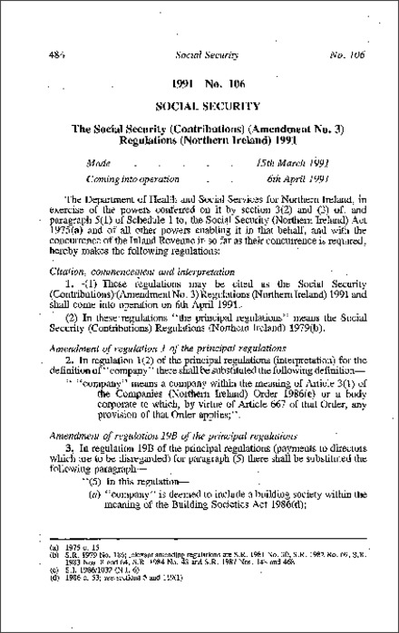 The Social Security (Contributions) (Amendment No. 3) Regulations (Northern Ireland) 1991