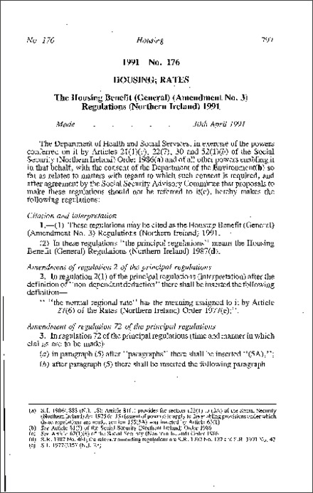 The Housing Benefit (General) (Amendment No. 3) Regulations (Northern Ireland) 1991