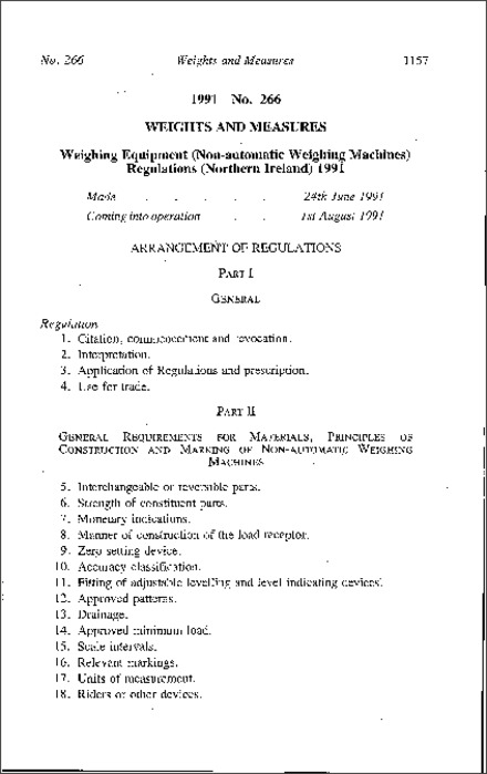 The Weighing Equipment (Non-automatic Weighing Machines) Regulations (Northern Ireland) 1991