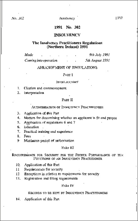 The Insolvency Practitioners Regulations (Northern Ireland) 1991