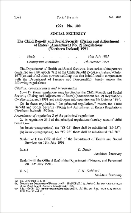 The Child Benefit and Social Security (Fixing and Adjustment of Rates) (Amendment No. 2) Regulations (Northern Ireland) 1991