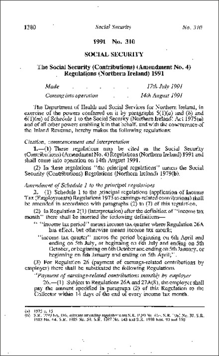 The Social Security (Contributions) (Amendment No. 4) Regulations (Northern Ireland) 1991