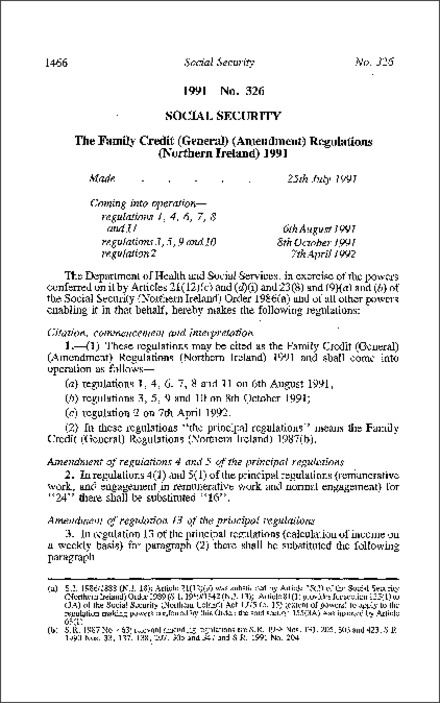 The Family Credit (General) (Amendment) Regulations (Northern Ireland) 1991