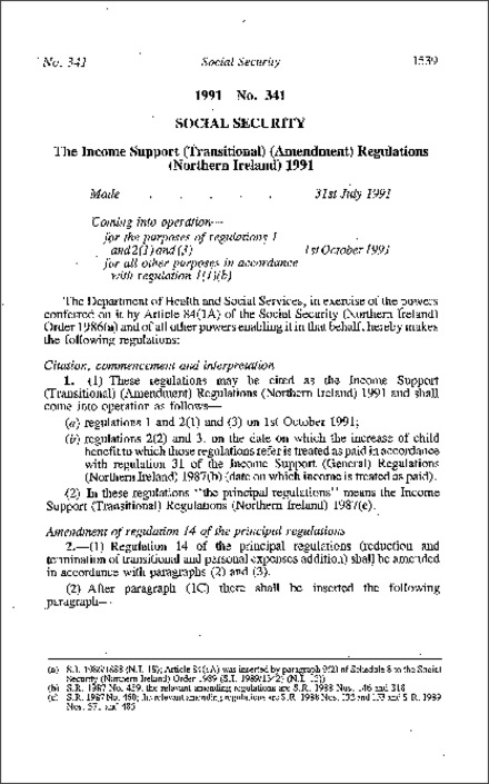 The Income Support (Transitional) (Amendment) Regulations (Northern Ireland) 1991
