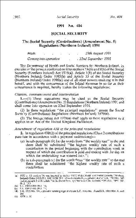 The Social Security (Contributions) (Amendment No. 5) Regulations (Northern Ireland) 1991