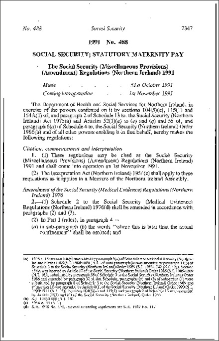 The Social Security (Miscellaneous Provisions) (Amendment) Regulations (Northern Ireland) 1991