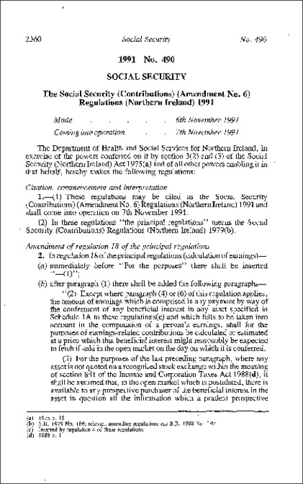 The Social Security (Contributions) (Amendment No. 6) Regulations (Northern Ireland) 1991