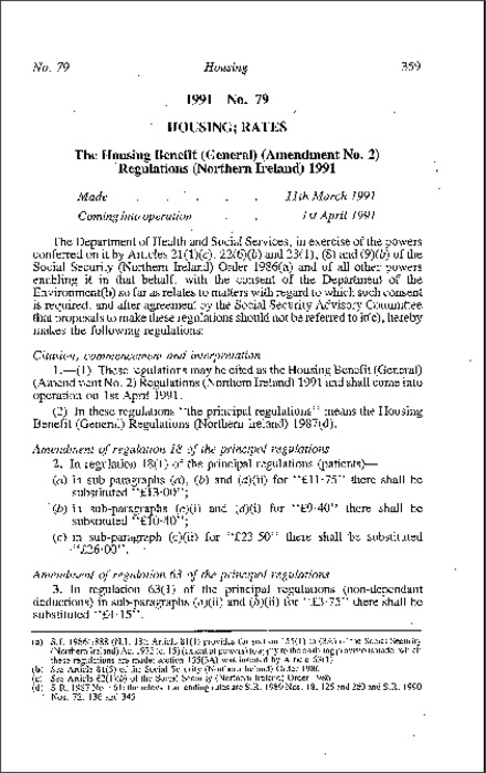 The Housing Benefit (General) (Amendment No. 2) Regulations (Northern Ireland) 1991