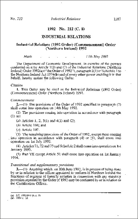 The Industrial Relations (1992 Order) (Commencement) Order (Northern Ireland) 1992