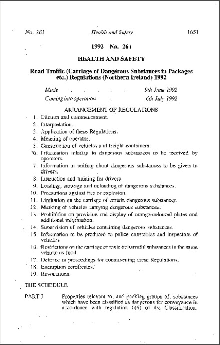 The Road Traffic (Carriage of Dangerous Substances in Packages etc.) Regulations (Northern Ireland) 1992