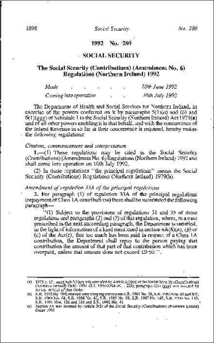 The Social Security (Contributions) (Amendment No. 6) Regulations (Northern Ireland) 1992