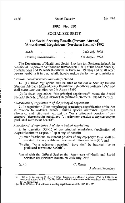 The Social Security Benefit (Persons Abroad) (Amendment) Regulations (Northern Ireland) 1992