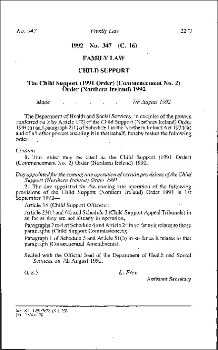 The Child Support (1991 Order) (Commencement No. 2) Order (Northern Ireland) 1992