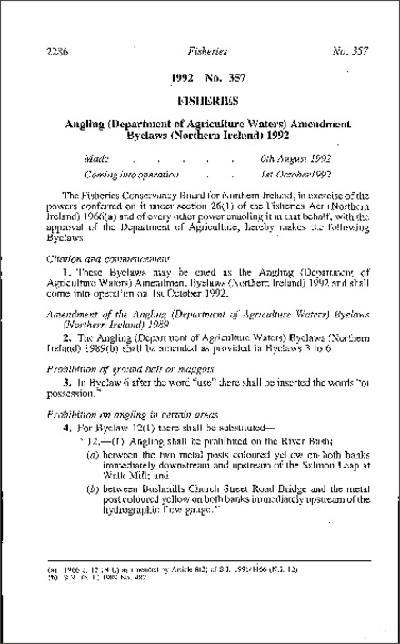 The Angling (Department of Agriculture Waters) Amendment Byelaws (Northern Ireland) 1992