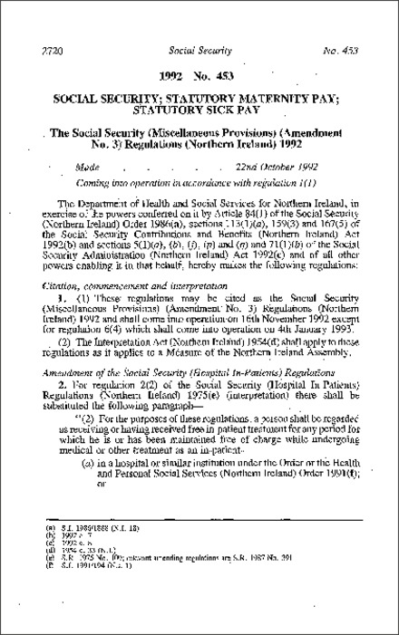 The Social Security (Miscellaneous Provisions) (Amendment No. 3) Regulations (Northern Ireland) 1992