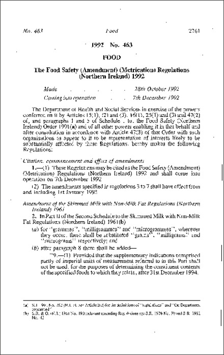 The Food Safety (Amendment) (Metrication) Regulations (Northern Ireland) 1992