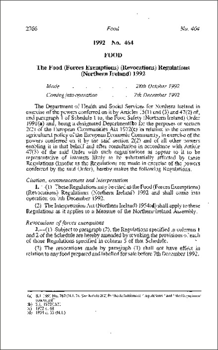 The Food (Forces Exemptions) (Revocations) Regulations (Northern Ireland) 1992