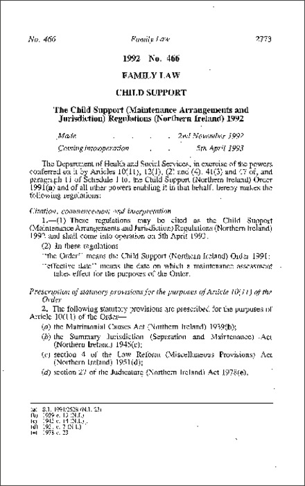 The Child Support (Maintenance Arrangements and Jurisdiction) Regulations (Northern Ireland) 1992