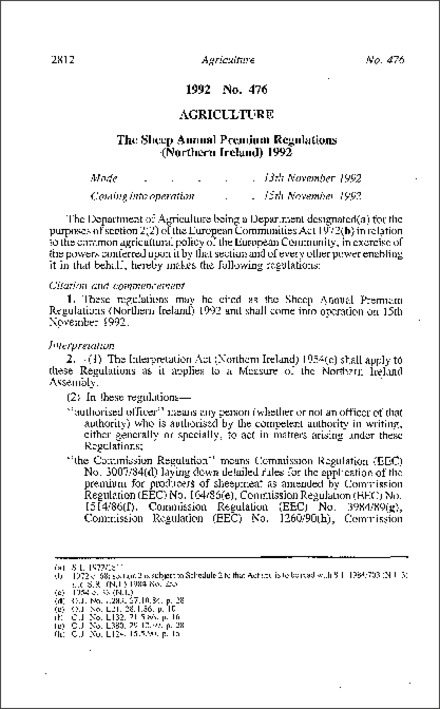 The Sheep Annual Premium Regulations (Northern Ireland) 1992
