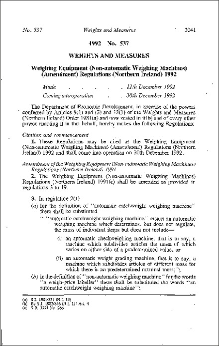 The Weighing Equipment (Non-automatic Weighing Machines) (Amendment) Regulations (Northern Ireland) 1992