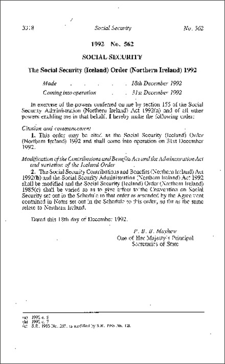 The Social Security (Iceland) Order (Northern Ireland) 1992