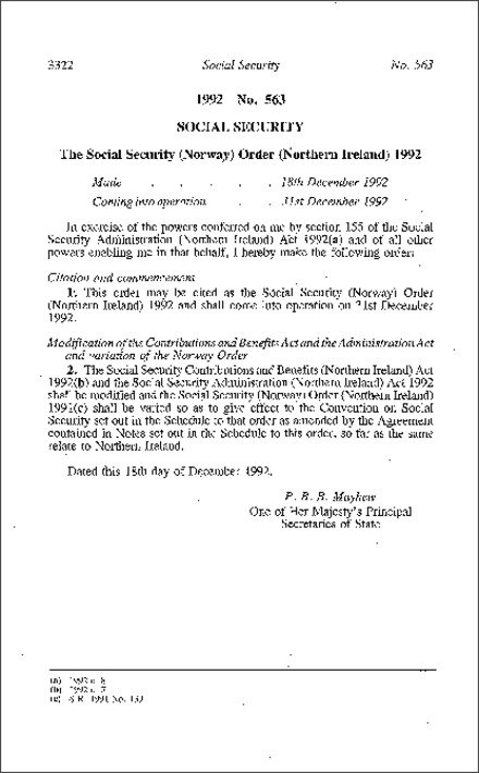 The Social Security (Norway) Order (Northern Ireland) 1992