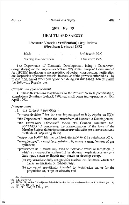 The Pressure Vessels (Verification) Regulations (Northern Ireland) 1992