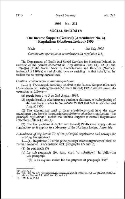 The Income Support (General) (Amendment No. 4) Regulations (Northern Ireland) 1993