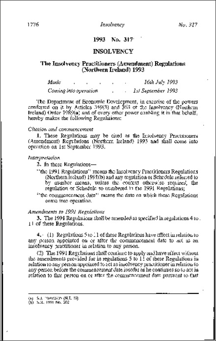 The Insolvency Practitioners (Amendment) Regulations (Northern Ireland) 1993