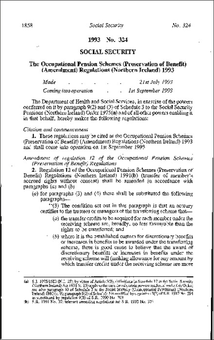 The Occupational Pension Schemes (Preservation of Benefit) (Amendment) Regulations (Northern Ireland) 1993
