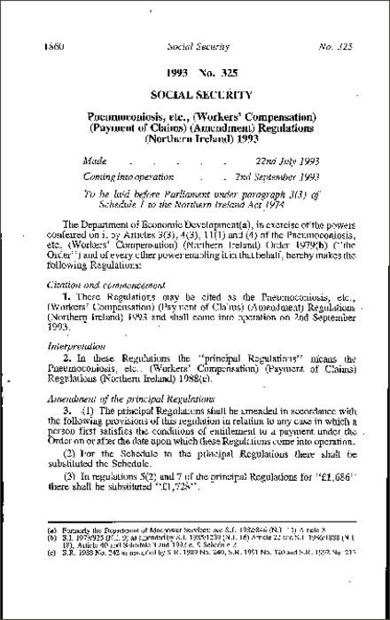 The Pneumoconiosis, etc., (Worker's Compensation) (Payment of Claims) (Amendment) Regulations (Northern Ireland) 1993