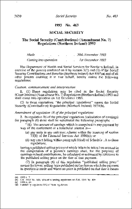 The Social Security (Contributions) (Amendment No. 7) Regulations (Northern Ireland) 1993