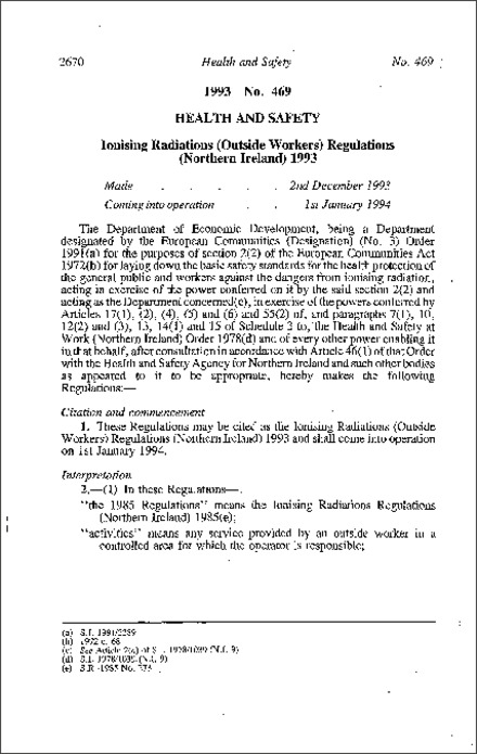 The Ionising Radiations (Outside Workers) Regulations (Northern Ireland) 1993