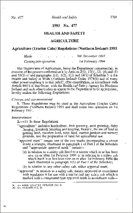 The Agriculture (Tractor Cabs) Regulations (Northern Ireland) 1993