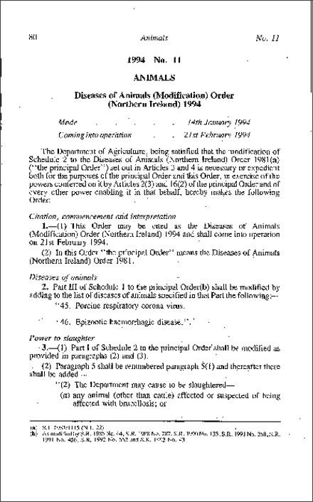 The Diseases of Animals (Modification) Order (Northern Ireland) 1994