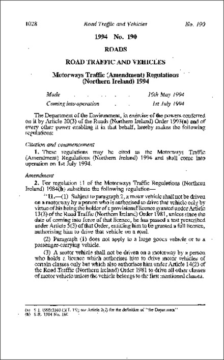 The Motorways Traffic (Amendment) Regulations (Northern Ireland) 1994