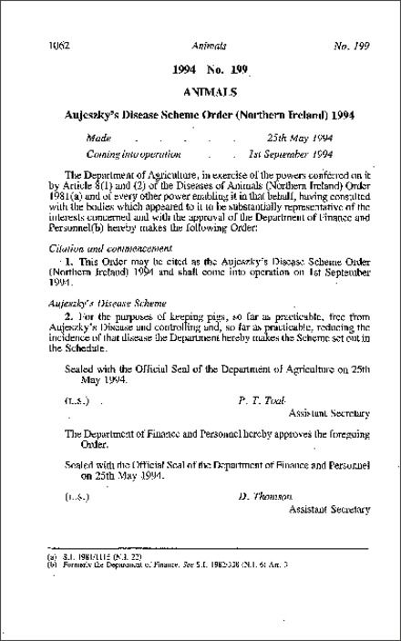 The Aujeszky's Disease Scheme Order (Northern Ireland) 1994