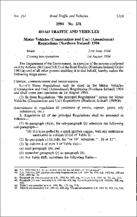 The Motor Vehicles (Construction and Use) (Amendment) Regulations (Northern Ireland) 1994