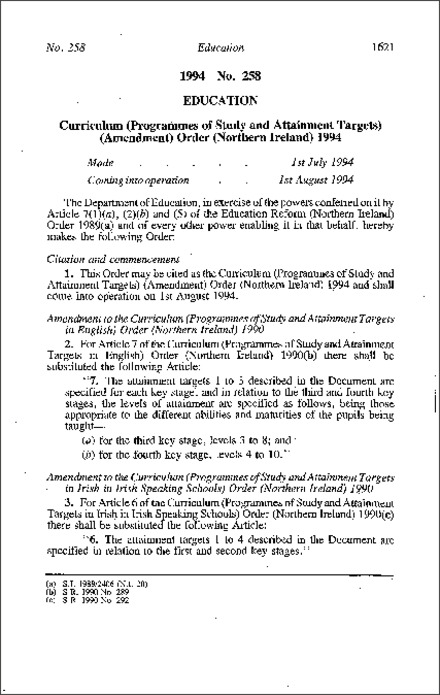The Curriculum (Programmes of Study and Attainment Targets) (Amendment) Order (Northern Ireland) 1994