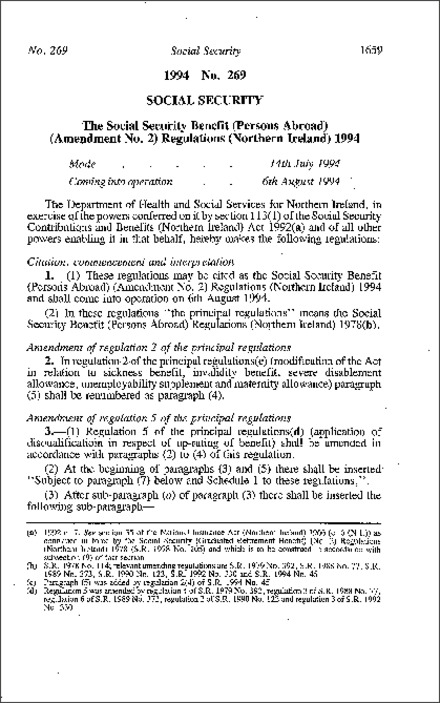 The Social Security Benefit (Persons Abroad) (Amendment No. 2) Regulations (Northern Ireland) 1994