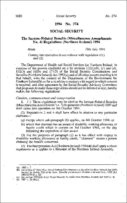 The Income-Related Benefits (Miscellaneous Amendment No. 4) Regulations (Northern Ireland) 1994