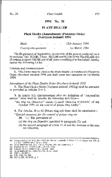 The Plant Health (Amendment) (Potatoes) Order (Northern Ireland) 1994