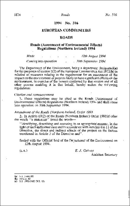 The Roads (Assessment of Environmental Effects) Regulations (Northern Ireland) 1994