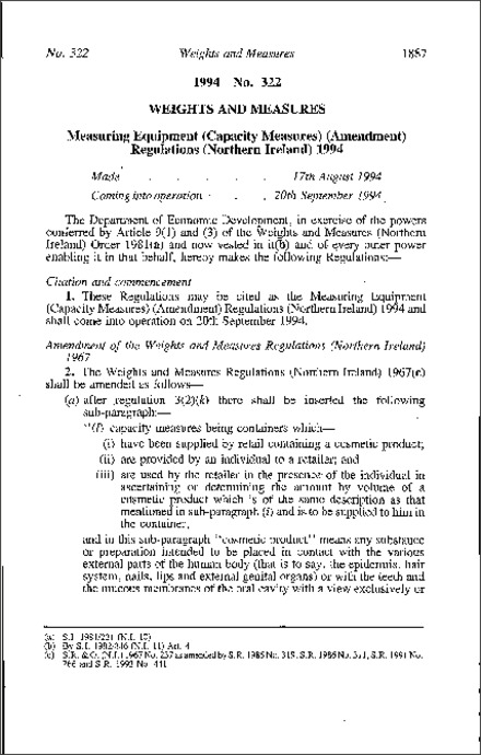 The Measuring Equipment (Capacity Measures) (Amendment) Regulations (Northern Ireland) 1994