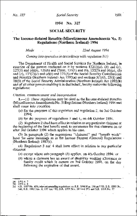 The Income-Related Benefits (Miscellaneous Amendment No. 5) Regulations (Northern Ireland) 1994