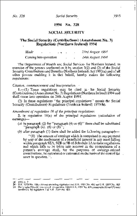 The Social Security (Contributions) (Amendment No. 3) Regulations (Northern Ireland) 1994