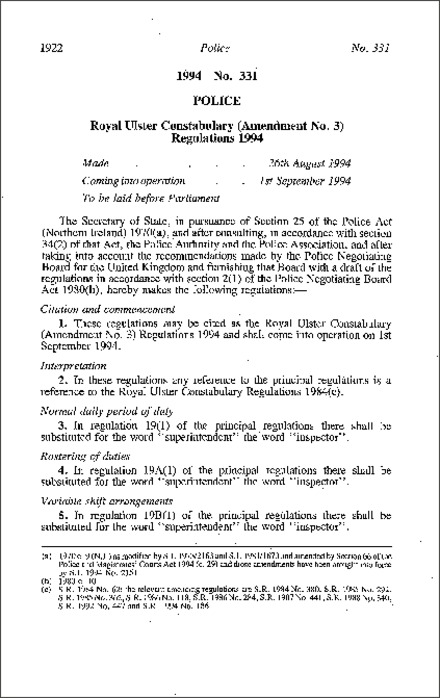 The Royal Ulster Constabulary (Amendment No. 3) Regulations (Northern Ireland) 1994